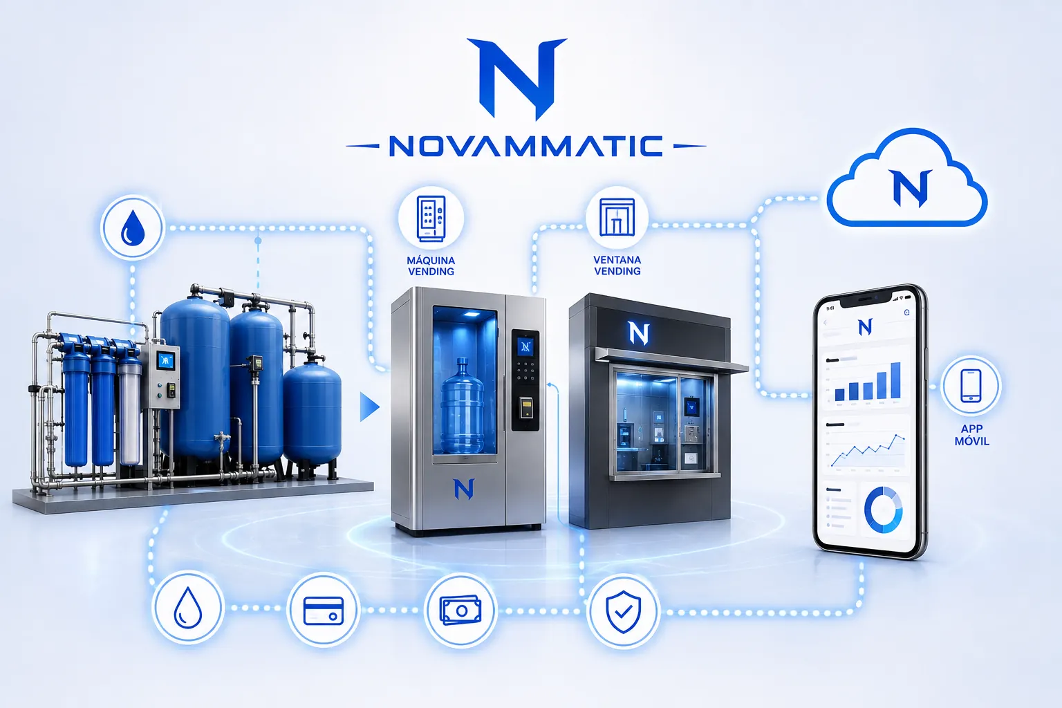 Ecosistema NOVAMMATIC: planta purificadora, máquina vending, ventana vending, nube y aplicación móvil