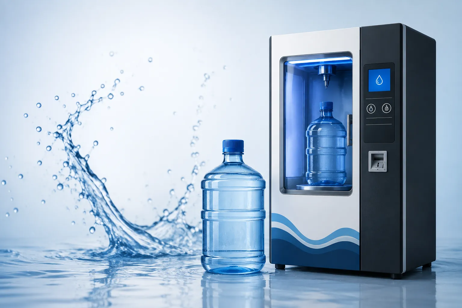 Máquina vending NOVAMMATIC llenando un garrafón junto a una salpicadura de agua