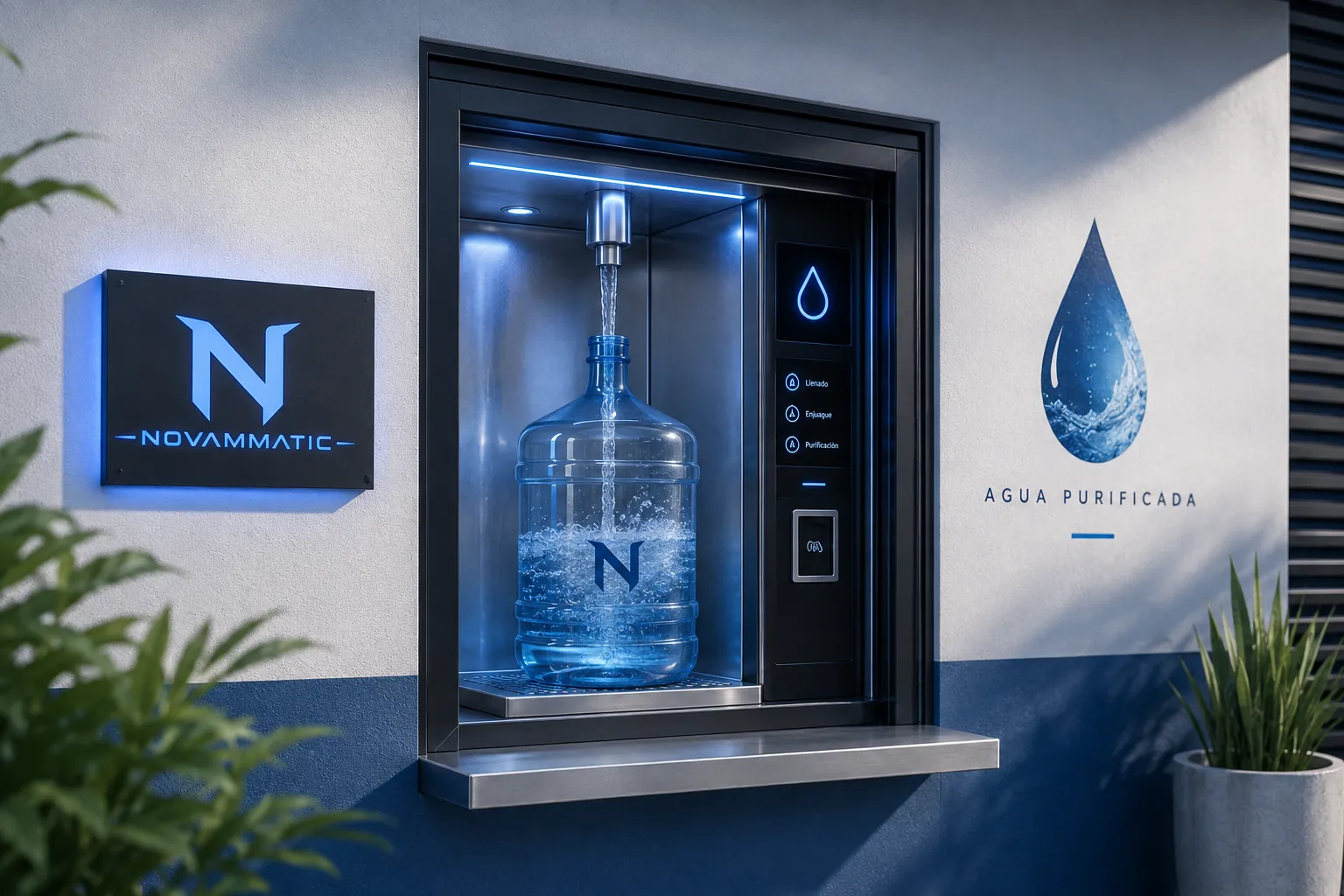 Ventana vending NOVAMMATIC iluminada llenando un garrafón de agua purificada