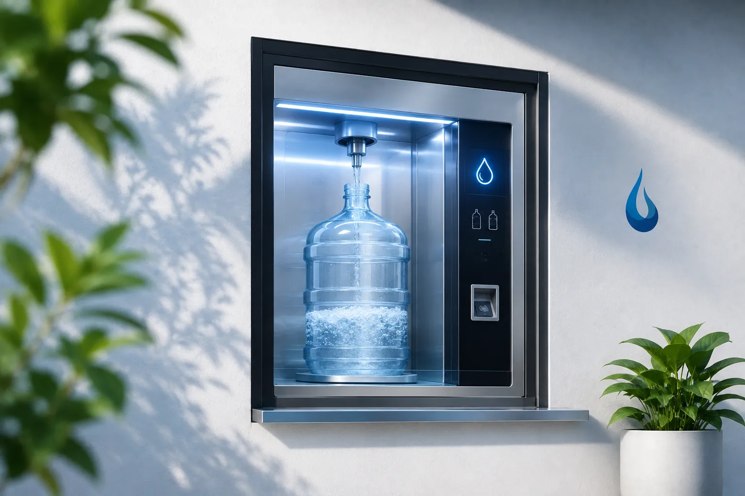 Ventana vending de agua purificada empotrada en el muro de un local