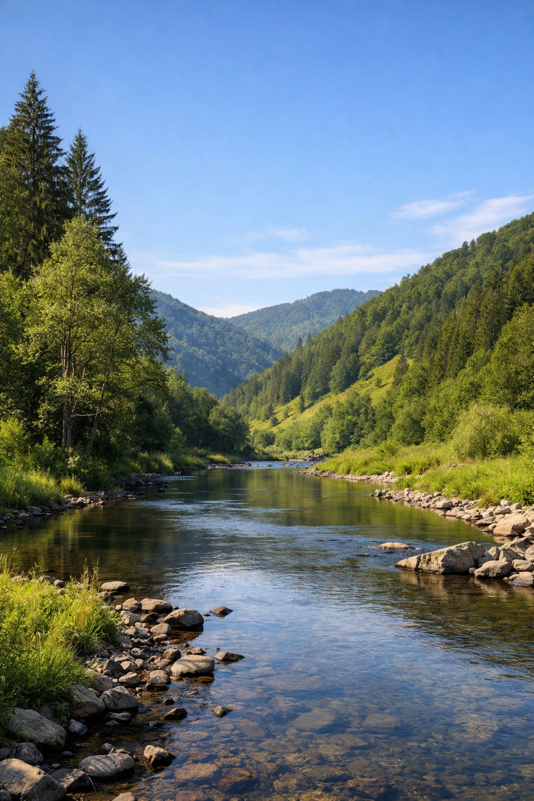 Río corriendo por un valle verde